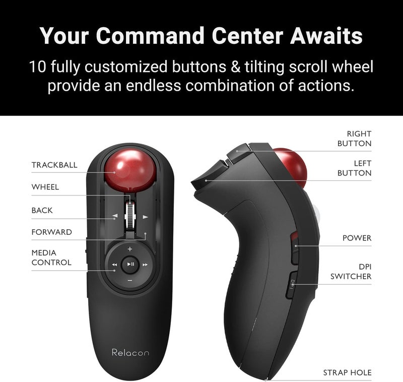ELECOM Relacon Handheld Trackball Mouse, Thumb Control, 2.4GHz Wireless, Ergonomic Design, 10-Button Function with Smooth Tracking, Windows11, MacOS (M-RT1DRBK) - Image 4